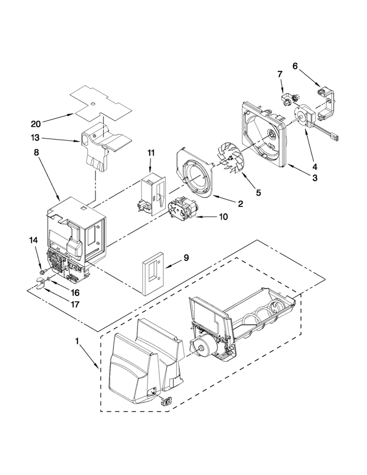 Motor And Ice Container Parts Diagram and Parts List for MFI2569YEW1  Maytag Refrigerator