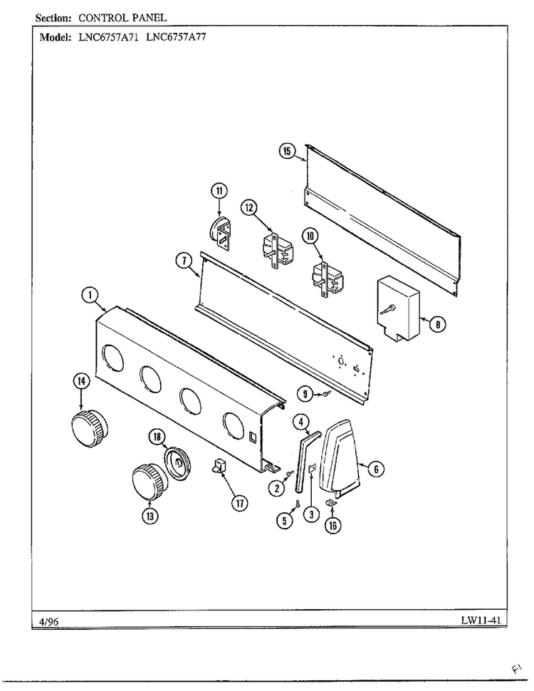 Control Panel Diagram and Parts List for LNC6757A77  Admiral Washer