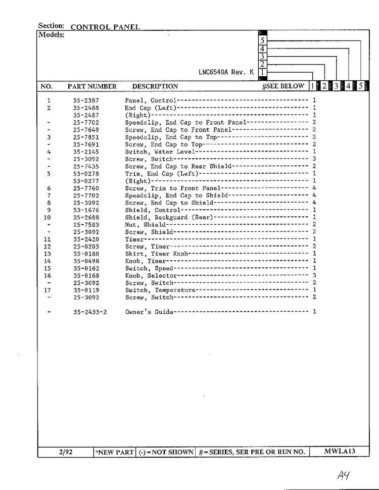 Control Panel Page 2 Diagram and Parts List for 6540A REV K Norge Washer