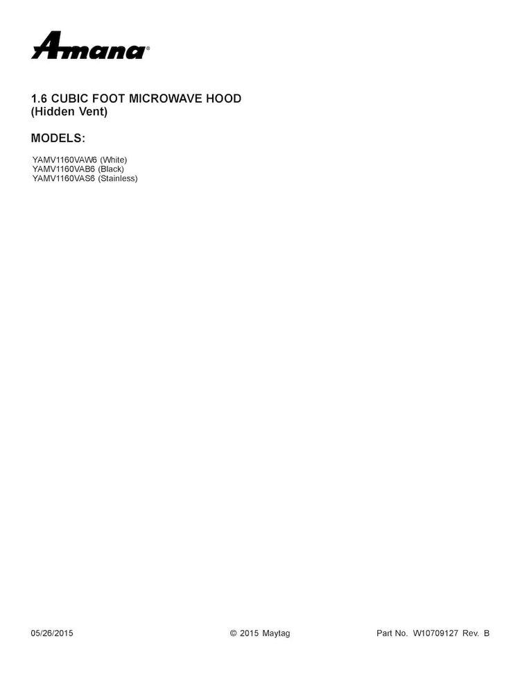 Cover Sheet Diagram and Parts List for YAMV1160VAW6  Amana Microwave