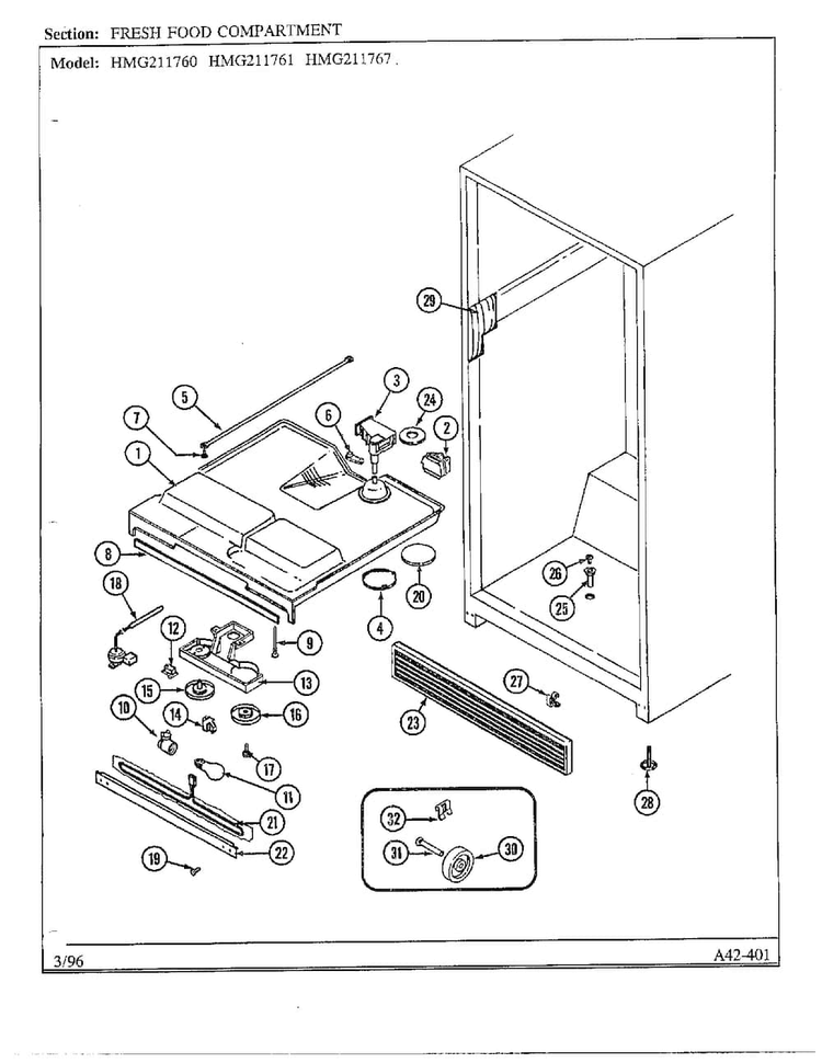 Fresh Food Compartment Diagram and Parts List for HMG211760  Admiral Refrigerator