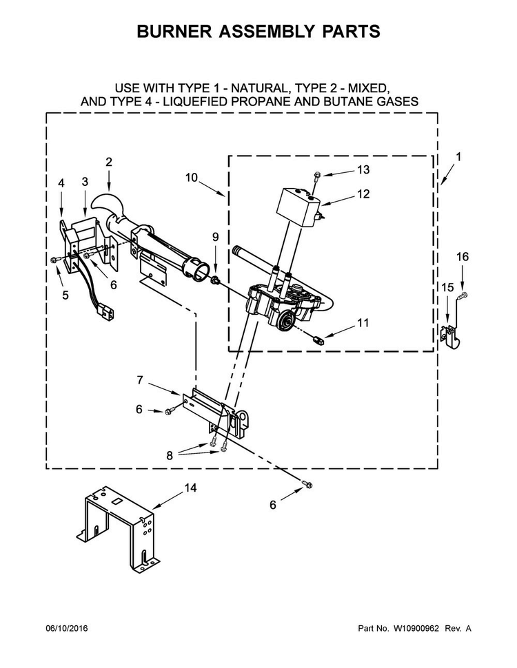 Burner Assembly Parts Diagram and Parts List for NGD5800DW1  Amana Dryer