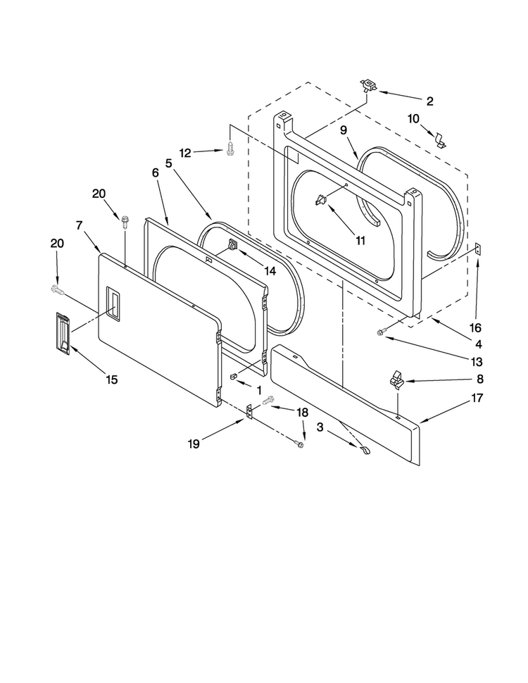 Dryer Front Panel And Door Parts Diagram and Parts List for MGT3800TW2  Maytag Washer Dryer Combo