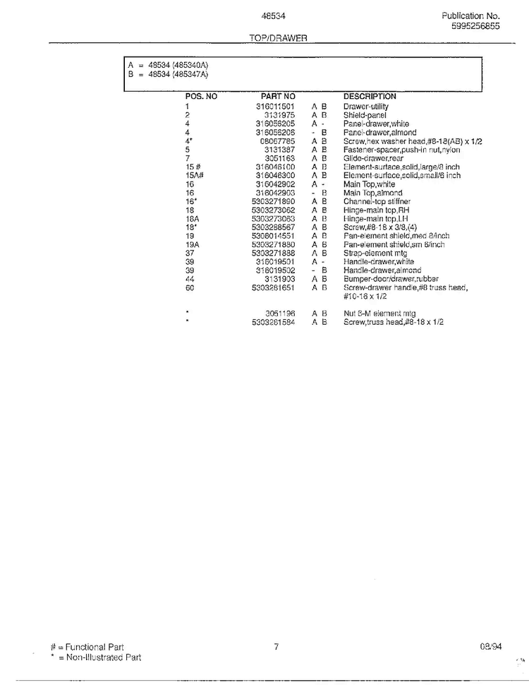 Top/drawer Page 2 Diagram and Parts List for 485340A  Admiral Range