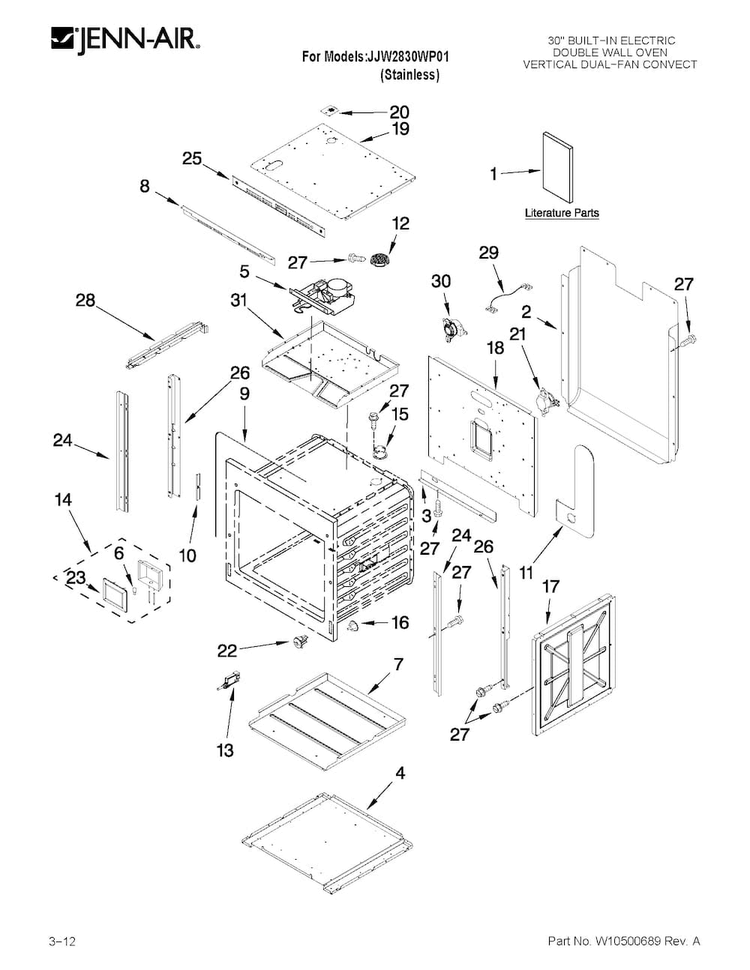 Upper Oven Parts Diagram and Parts List for JJW2830WP01  Jenn-Air Wall Oven