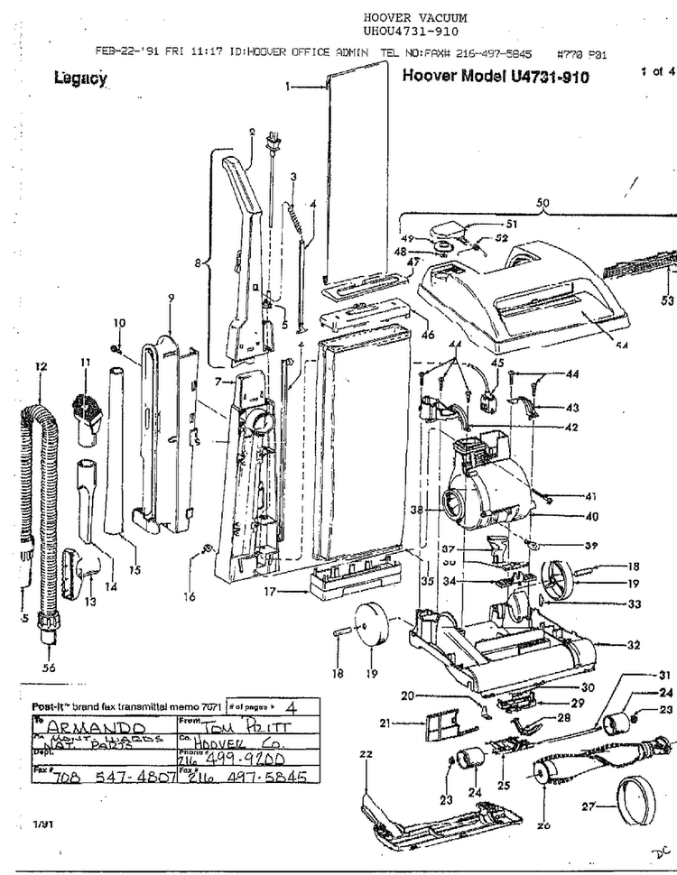 Hoover Vacuum Legacy Diagram and Parts List for U4731-910  Hoover Upright Vacuum