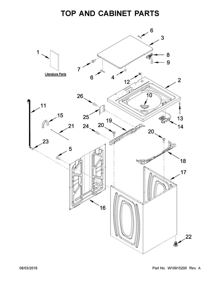 Top And Cabinet Parts Diagram and Parts List for CAW8350EW2  Crosley Washer