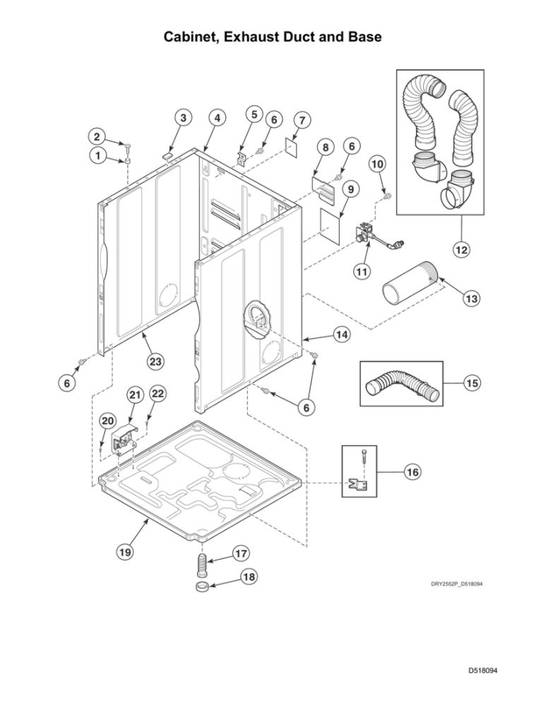 Cabinet/Exhaust Duct/Base Diagram and Parts List for ADE6HRYS177TW01  Speed Queen Dryer