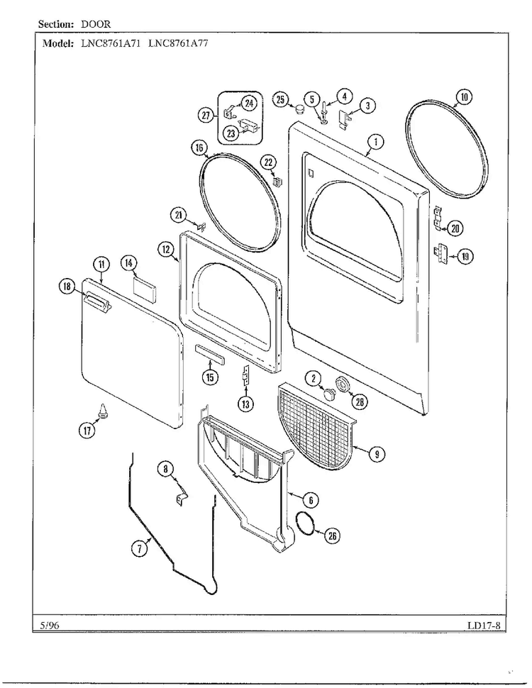 Door Diagram and Parts List for LNC-8761A77  Maytag Dryer