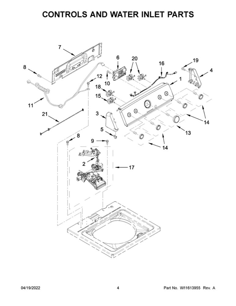 Controls And Water Inlet Parts Diagram and Parts List for 3LMVWC415FW1  Maytag Washer