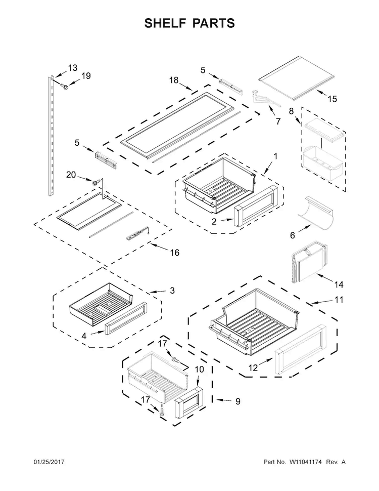 Shelf Parts Diagram and Parts List for JF36NXFXDE01  Jenn-Air Refrigerator