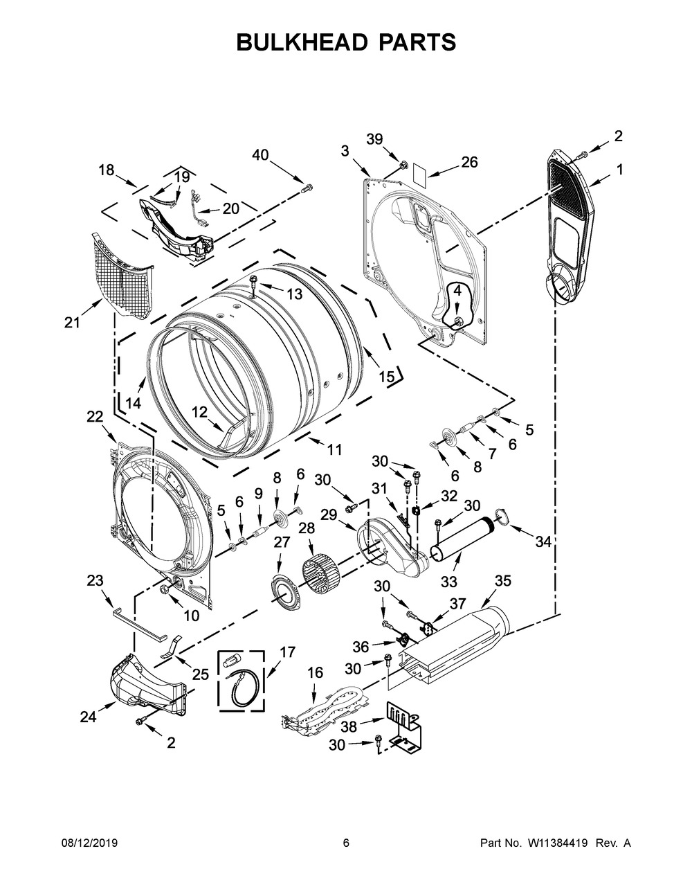 Bulkhead Parts Diagram and Parts List for YMED5630HW1  Maytag Dryer