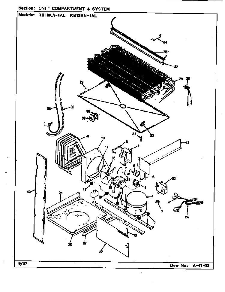 Unit Compartment & System Diagram and Parts List for RB18KA-4AL BG44C Magic Chef Refrigerator
