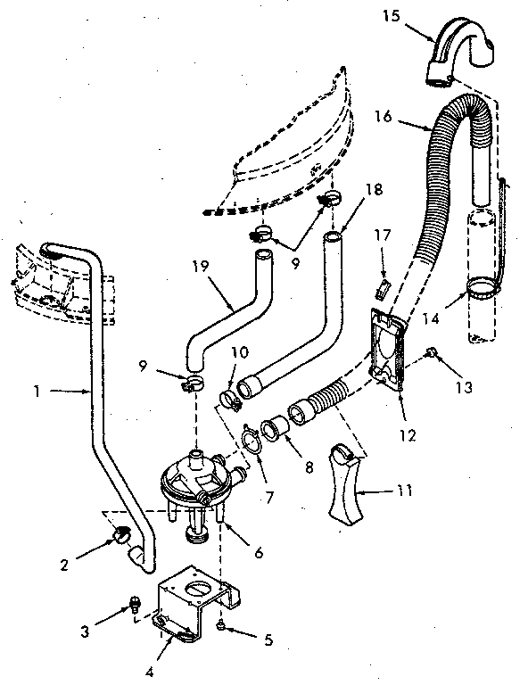 Pump Assembly, Bracket And Hoses Diagram and Parts List for NA6621W33821  Speed Queen Washer
