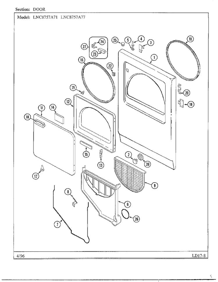 Door Diagram and Parts List for LNC-8757A71  Maytag Dryer
