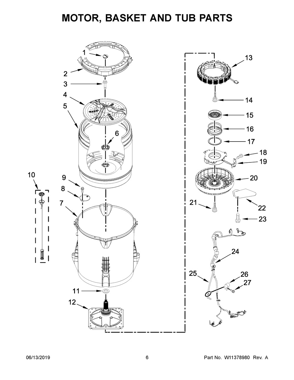 Motor, Basket And Tub Parts Diagram and Parts List for MVWB757JW0  Maytag Washer
