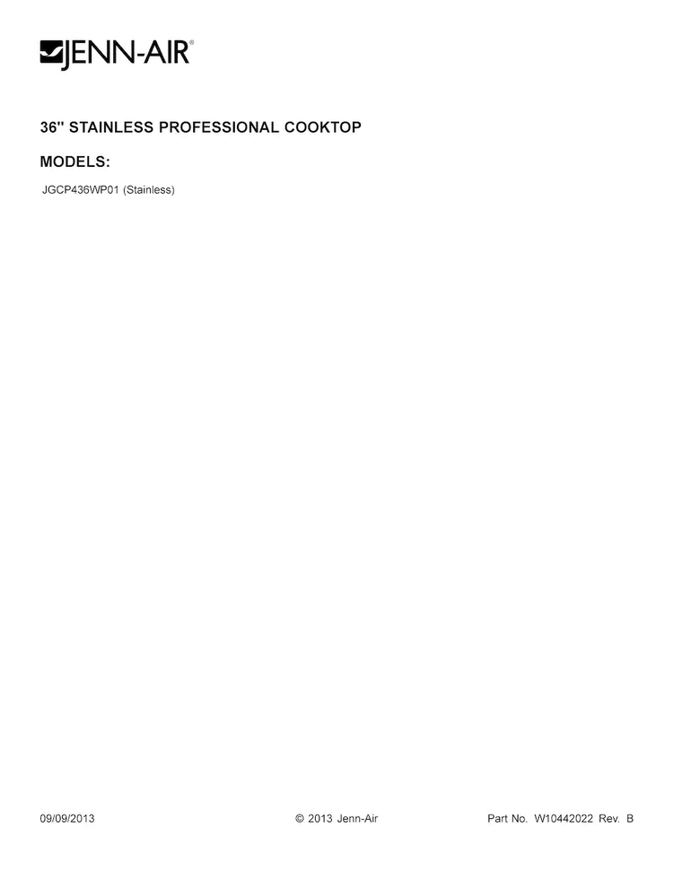 Cover Sheet Diagram and Parts List for JGCP436WP01  Jenn-Air Cooktop
