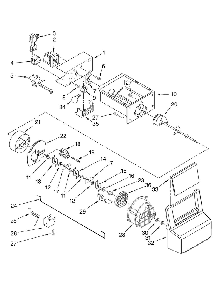 Motor And Ice Container Parts Diagram and Parts List for MSD2576VEW00  Maytag Refrigerator
