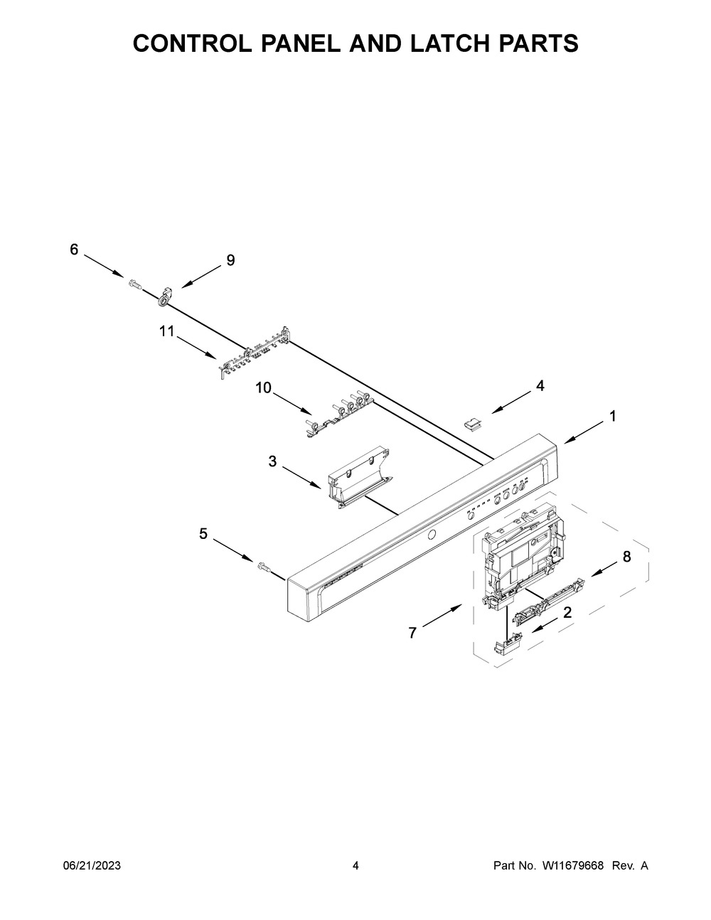 Control Panel And Latch Parts Diagram and Parts List for ADB1400AMW1  Amana Dishwasher
