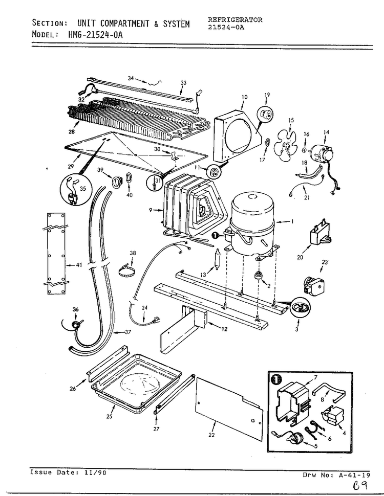 Unit Compartment & System Diagram and Parts List for 21524-0A  Admiral Refrigerator