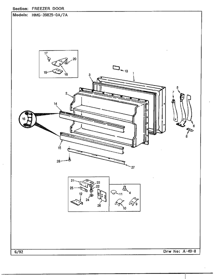 Freezer Door Diagram and Parts List for 39825-7A  Admiral Refrigerator