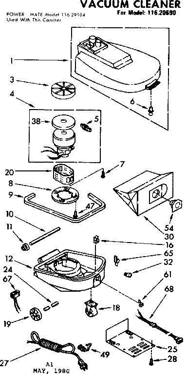 Base Assembly Diagram and Parts List for 11620690  Kenmore Canister Vacuum