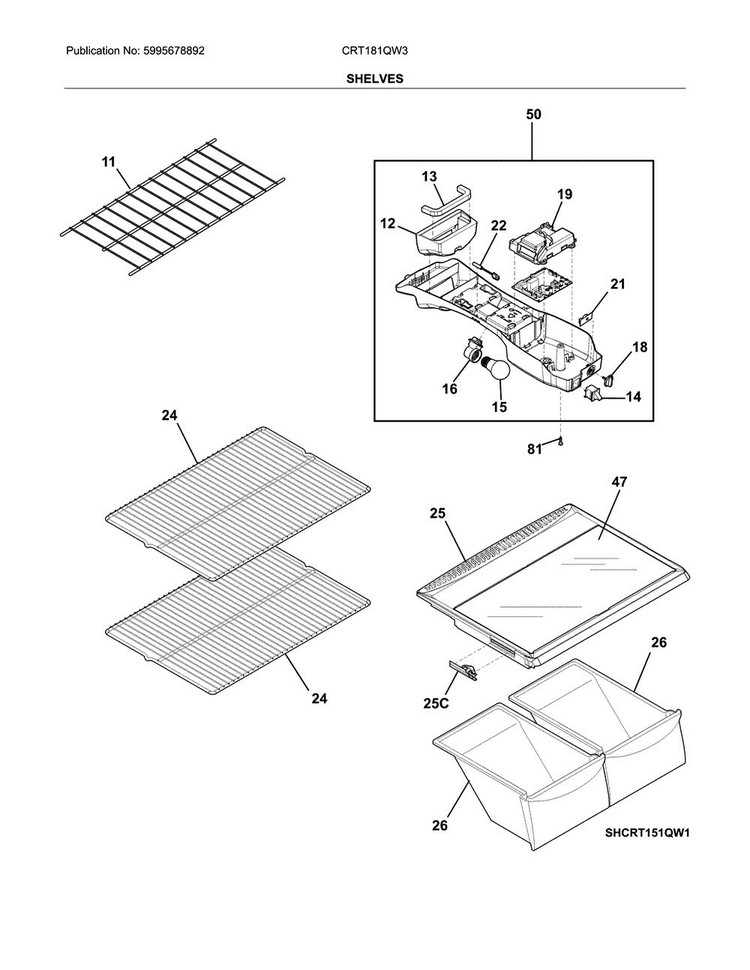 Shelves Diagram and Parts List for CRT181QW3  Crosley Refrigerator