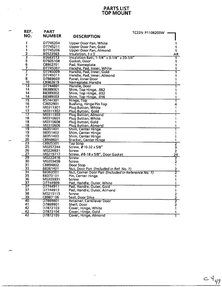Top Mount Page 26 Diagram and Parts List for TC22N-P116205W  Amana Refrigerator
