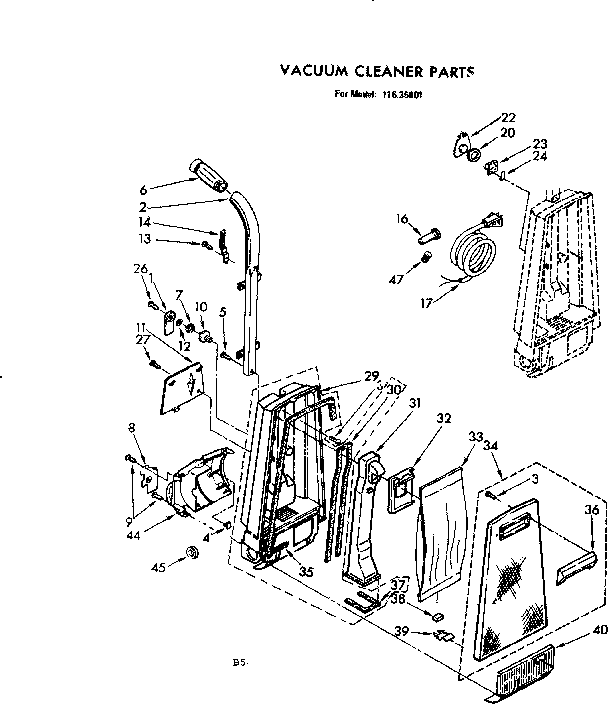 Handle And Bag Housing Diagram and Parts List for 11635801  Kenmore Upright Vacuum