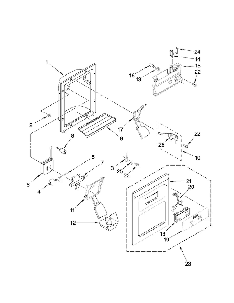 Dispenser Front Parts Diagram and Parts List for ASD2522WRW04  Amana Refrigerator