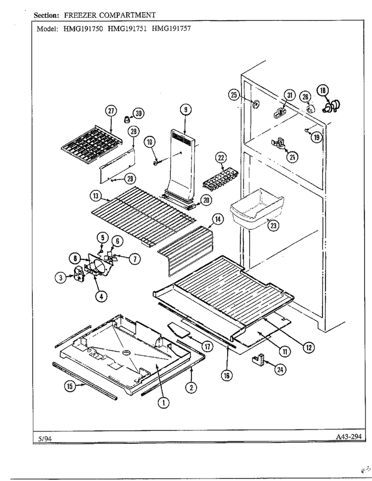 Freezer Compartment Diagram and Parts List for 19175  Admiral Refrigerator