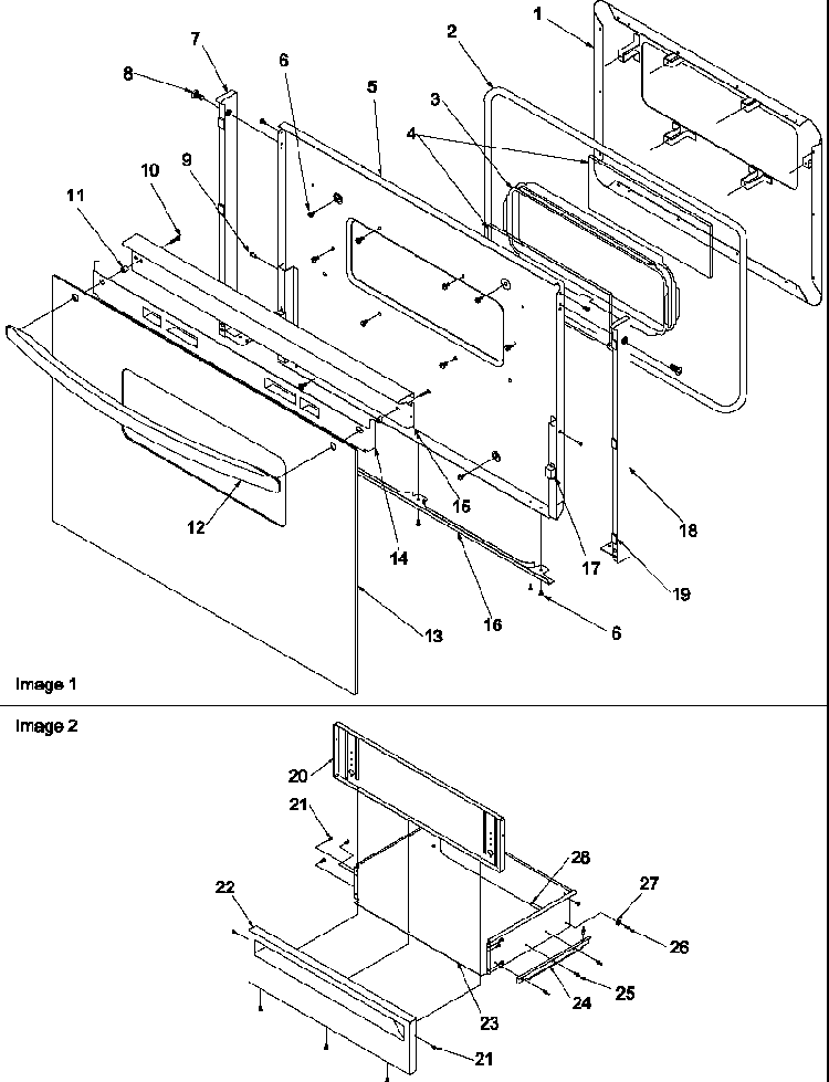 Oven Door And Storage Drawer Diagram and Parts List for ARG7202E-P1143378NE  Amana Range