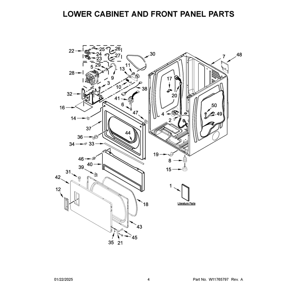 Lower Cabinet And Front Panel Parts Diagram and Parts List for MLG26PRFWW0  Maytag Dryer