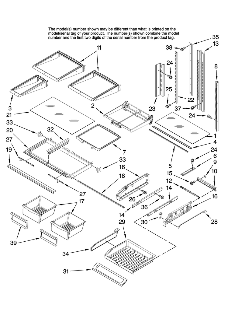 Shelf Parts Diagram and Parts List for MFI2568AEB13  Maytag Refrigerator