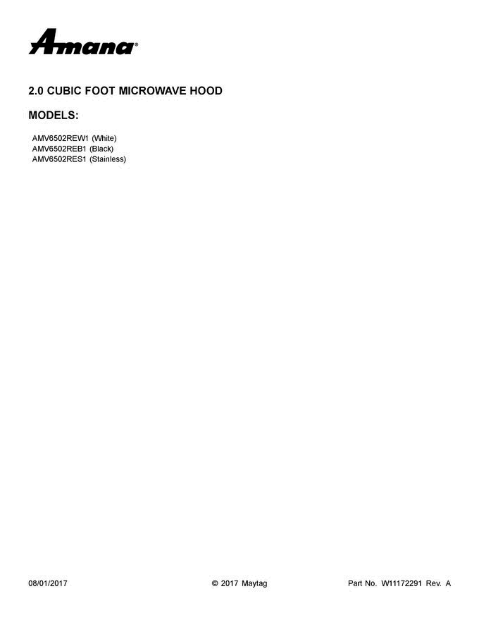01 - Cover Sheet Diagram and Parts List for AMV6502REB1  Amana Microwave Oven Combo