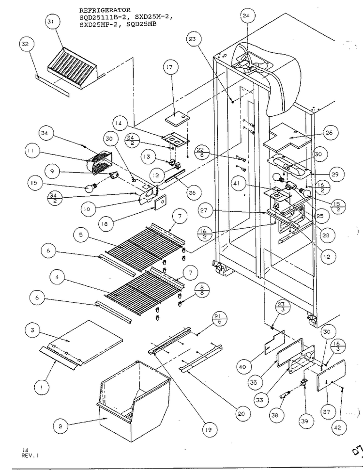 Refrigerator,freezer Shelving & Refrigerator Light Diagram and Parts List for SXD25MP-2  Amana Refrigerator
