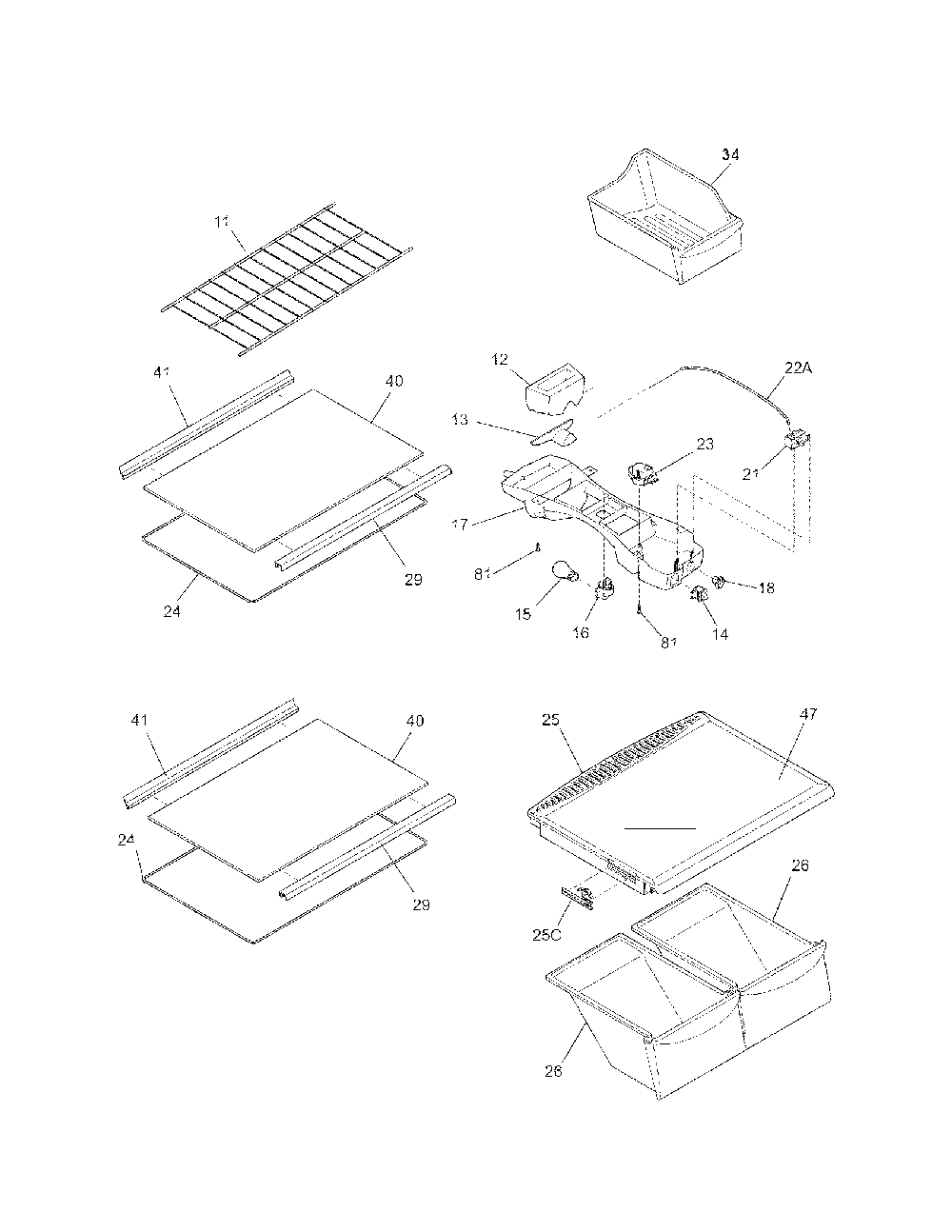 Shelves Diagram and Parts List for 2537888901D  Kenmore Refrigerator