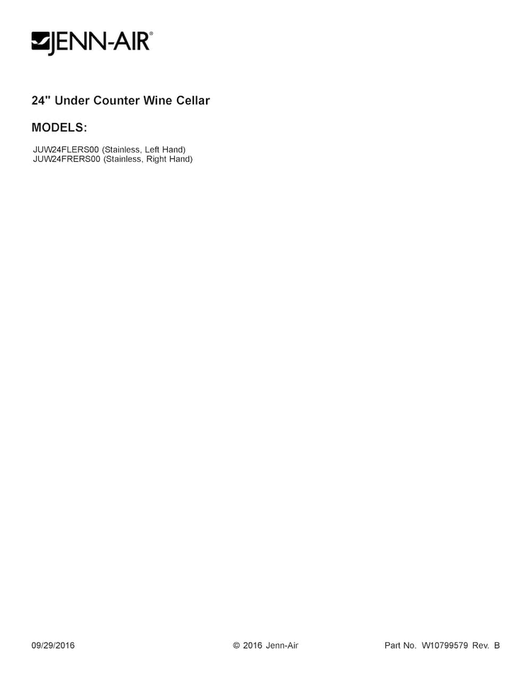 Cover Sheet Diagram and Parts List for JUW24FRERS00  Jenn-Air Wine and Beverage Cooler