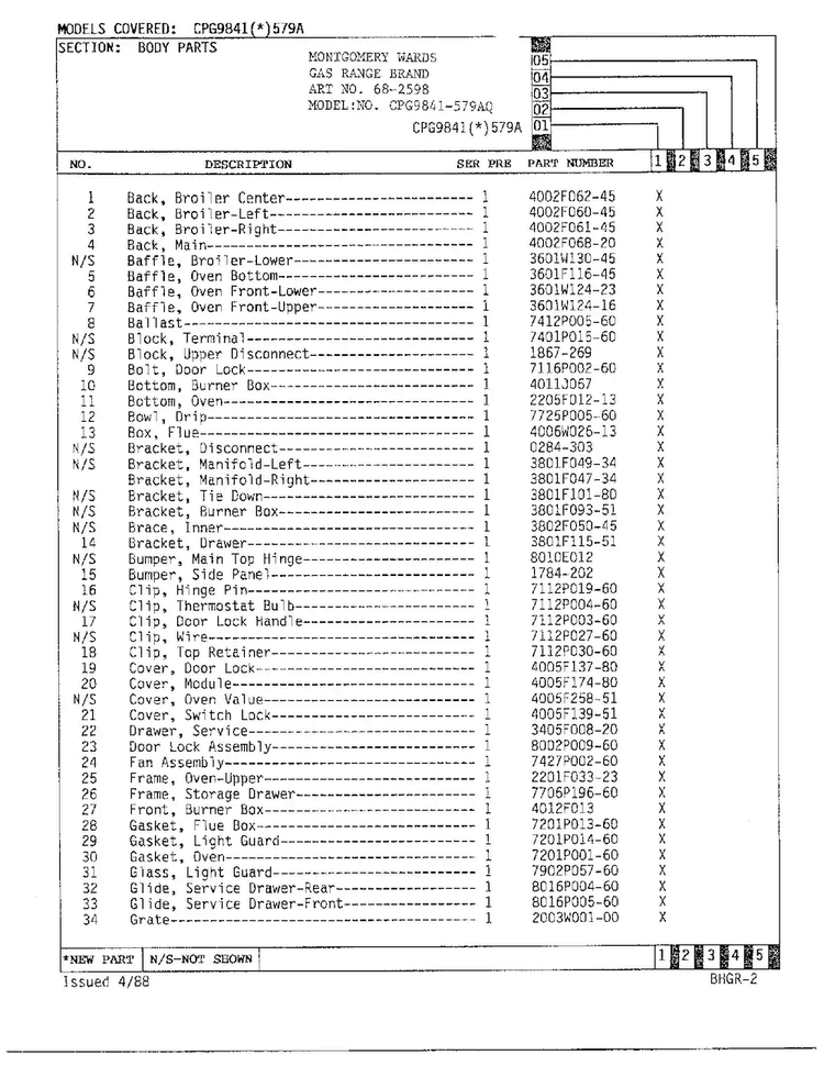 Gas Range Body Parts Page 2 Diagram and Parts List for 68-2598  Hardwick Range