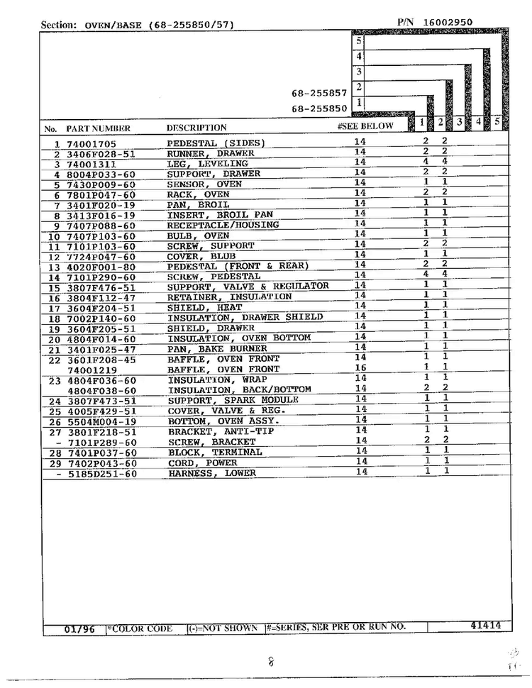 Oven/base Page 2 Diagram and Parts List for 68-255857  Magic Chef Range