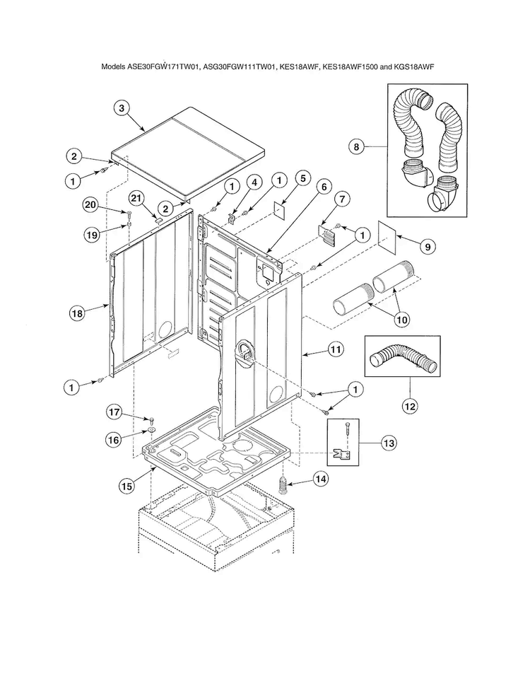 Cabinet/exhaust Duct/base-stacked Diagram and Parts List for ADE30RGS171TW01  Speed Queen Dryer