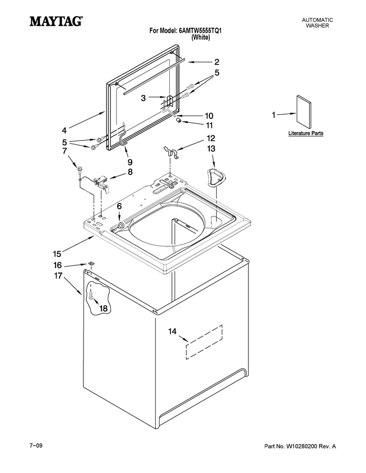 Top And Cabinet Parts Diagram and Parts List for 6AMTW5555TQ1  Maytag Washer