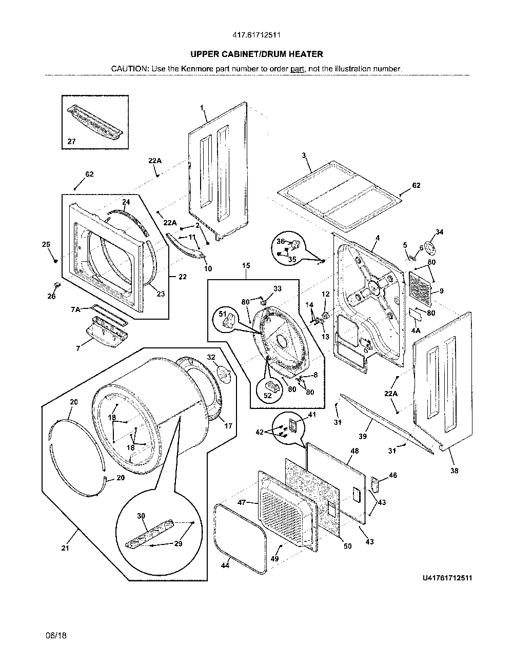Upper Cabinet/Drum Heater Diagram and Parts List for 41761712511  Kenmore Washer Dryer Combo