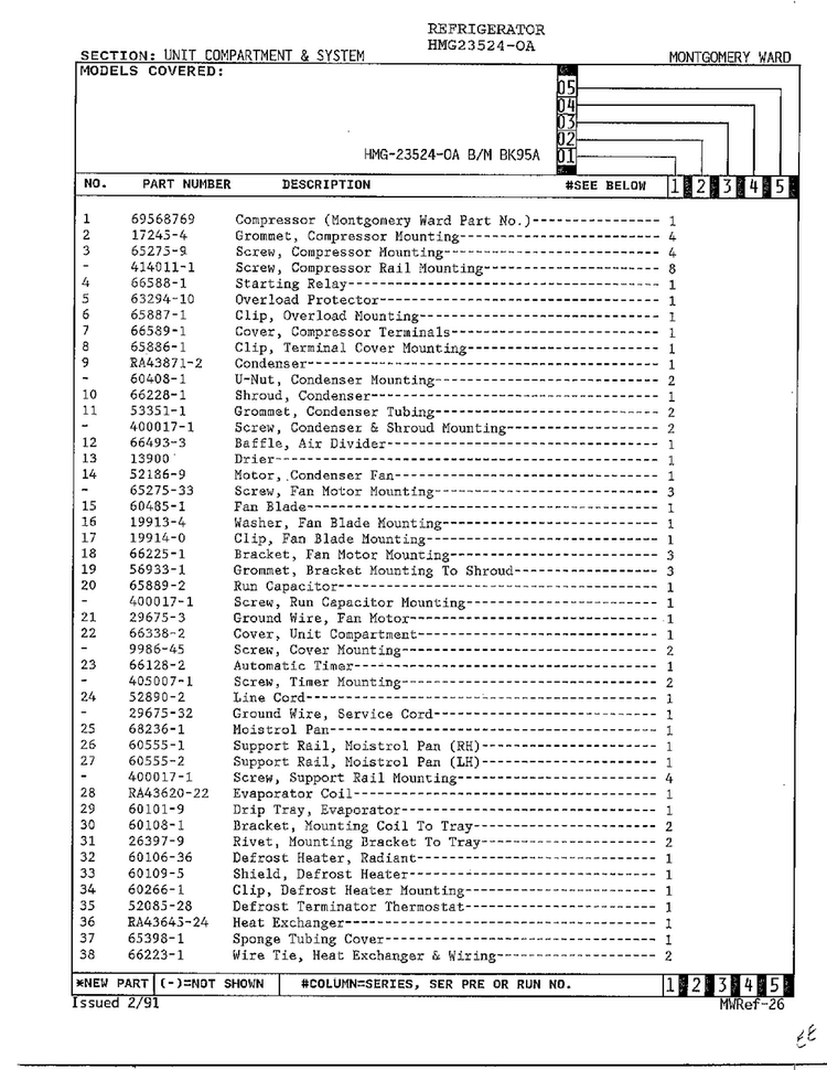 Unit Compartment And System Diagram and Parts List for 23524-0A  Admiral Refrigerator