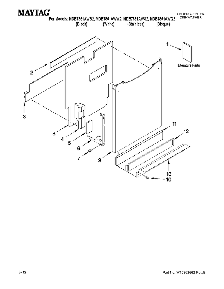 Door And Panel Parts Diagram and Parts List for MDB7851AWQ2  Maytag Dishwasher