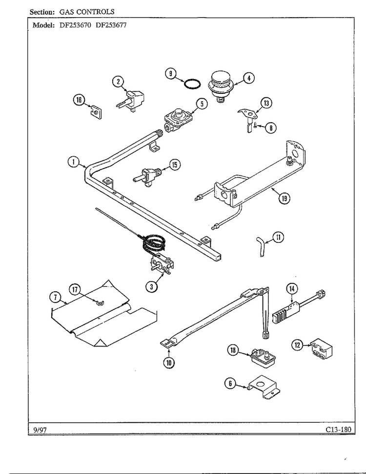 Gas Controls Diagram and Parts List for DF253670  Magic Chef Range