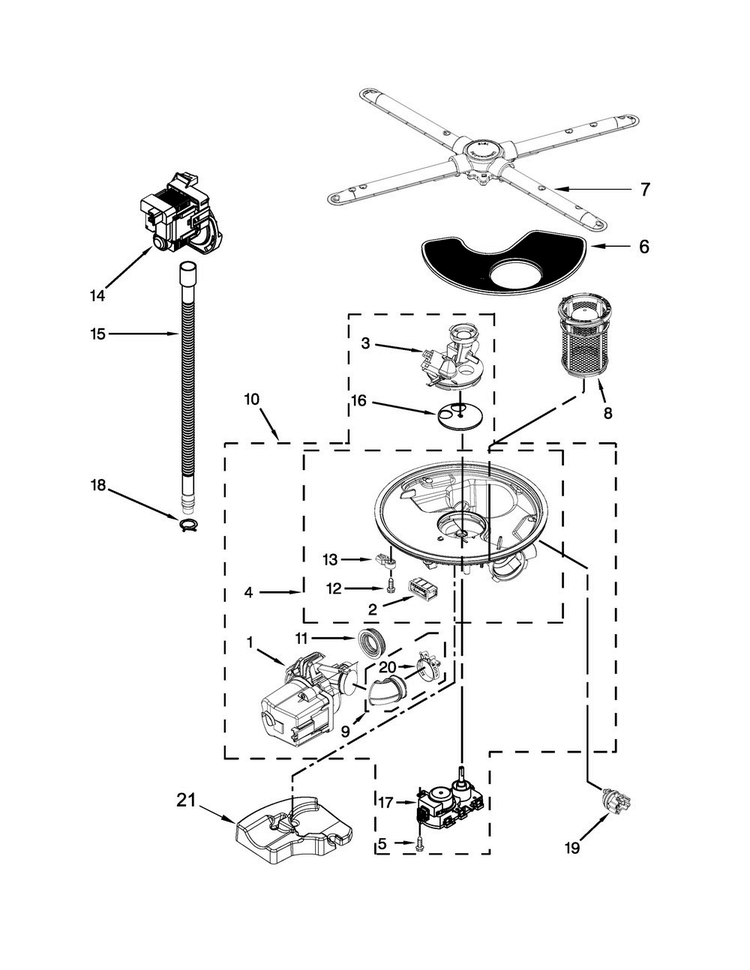 Pump, Washarm And Motor Parts Diagram and Parts List for JDB9000CWS1  Jenn-Air Dishwasher