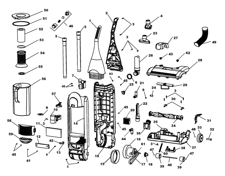Agitator, Motor, Handle, Mainbody Diagram and Parts List for U5019-900  Hoover Upright Vacuum