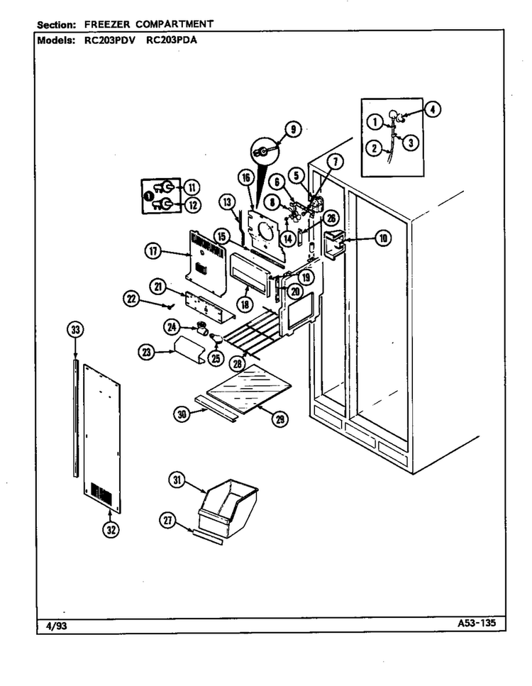 Freezer Compartment Diagram and Parts List for RC203PDA-DS09A  Magic Chef Refrigerator