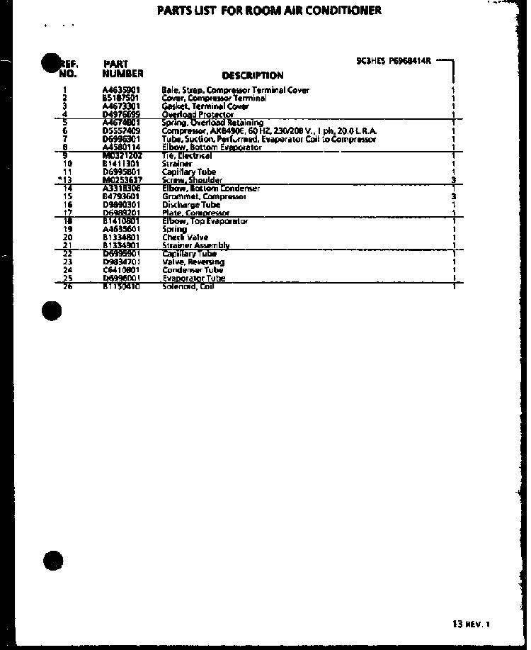 Parts List Diagram and Parts List for 12C3HES P69968415R Amana Air Conditioner